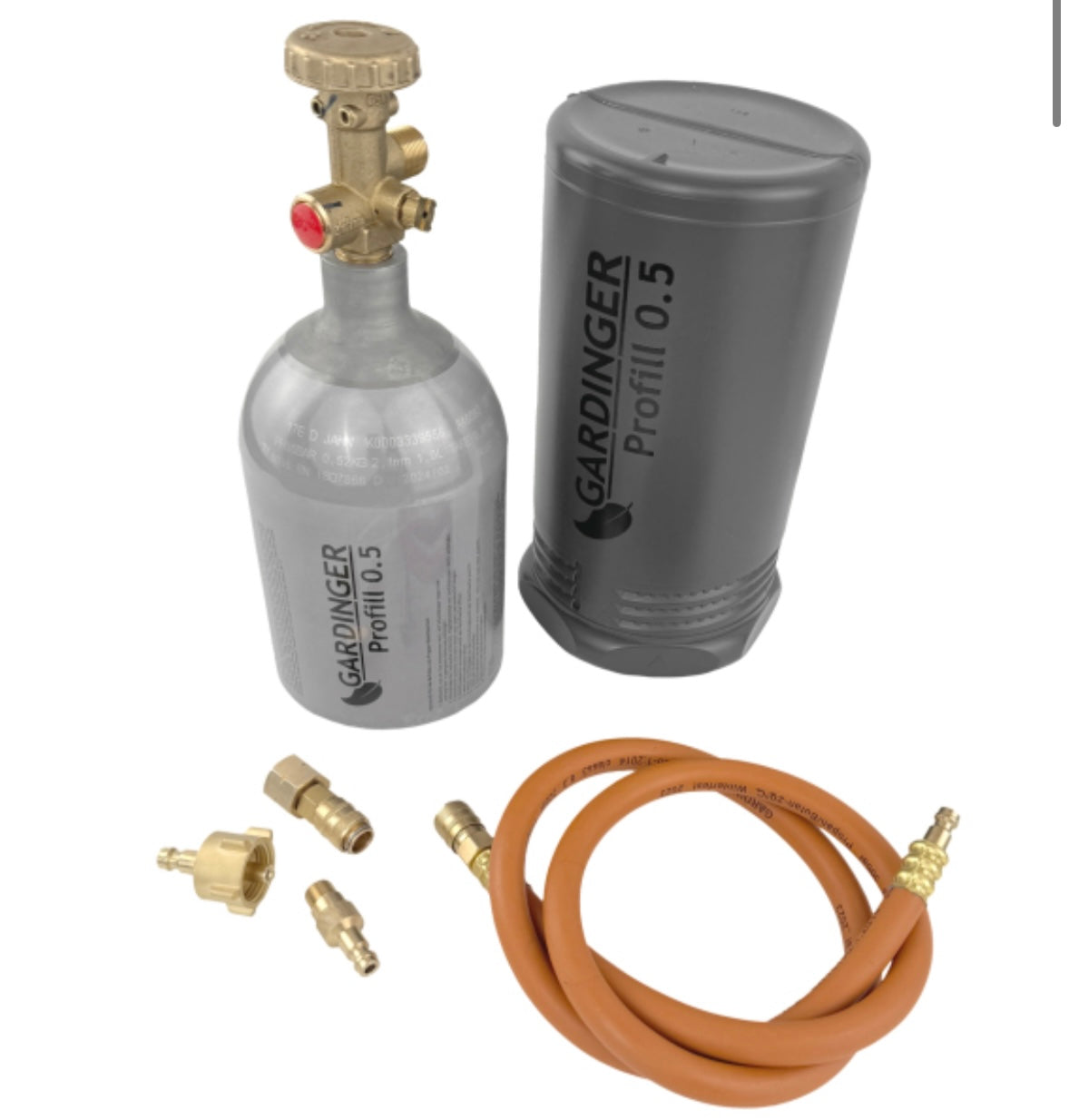 Aktionsset befüllbare Aluminium Propanflasche Profill 0.5 + Umfüllschlauch + Schnellkupplungen Gardinger